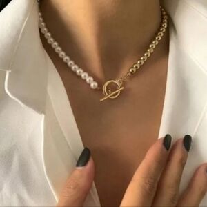NEW! Gold Plated Classic Pearl & Beaded Toggle Clasp Necklace